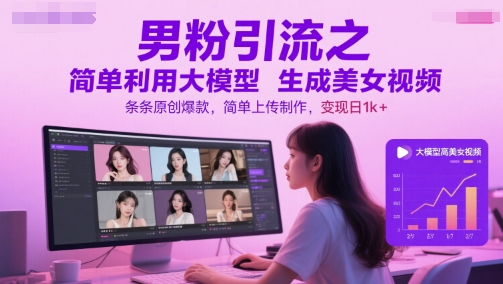 男粉引流之简单利用大模型生成美女视频，条条原创爆款，简单上传制作，变现日1k+-网创之家