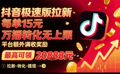 抖音极速版拉新，平台扶持力度大，每单15米，万播转化无上限，平台额外满收奖励-网创之家