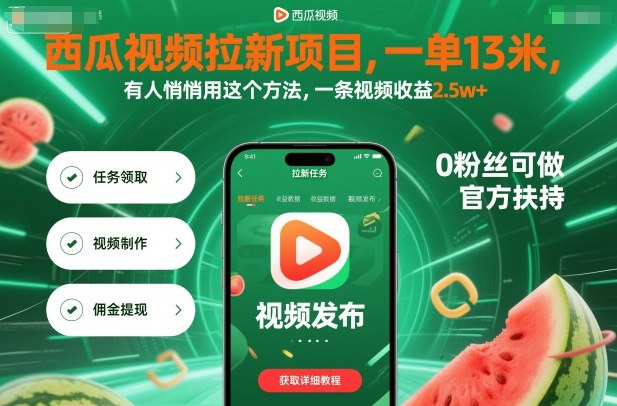 西瓜视频拉新项目，一单13米，有人悄悄用这个方法，一条视频收益2.5w+(附详细教程)-网创之家