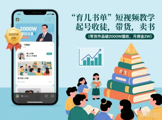 育儿书单短视频教学，起号收徒，带货，卖书(带货作品破2000W播放，月佣金2W)-网创之家