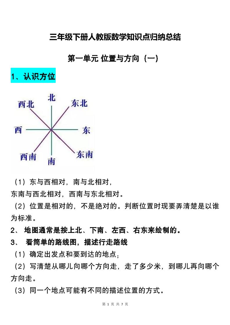 三下人教版数学知识点归纳总结-网创之家