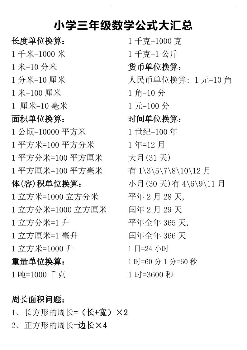 三年级下册数学公式大汇总-网创之家