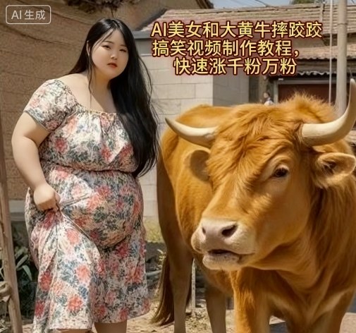 AI美女和大黄牛摔跤搞笑荒诞视频制作教程，快速涨千粉万粉-网创之家