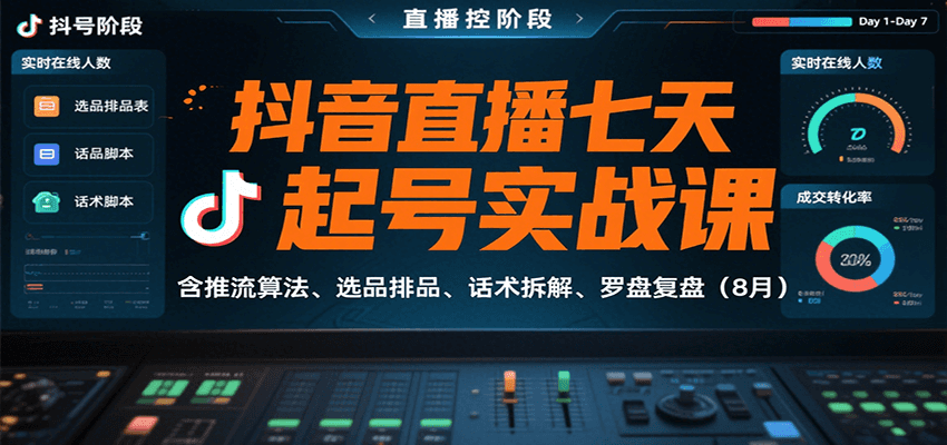 抖音直播七天起号实战课：含推流算法、选品排品、话术拆解、罗盘复盘(8月)-网创之家