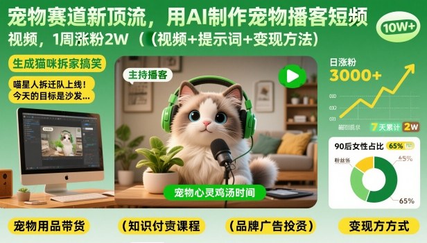 宠物赛道新顶流，用AI制作宠物播客短视频，1周涨粉2W(视频+提示词+变现方法)-网创之家