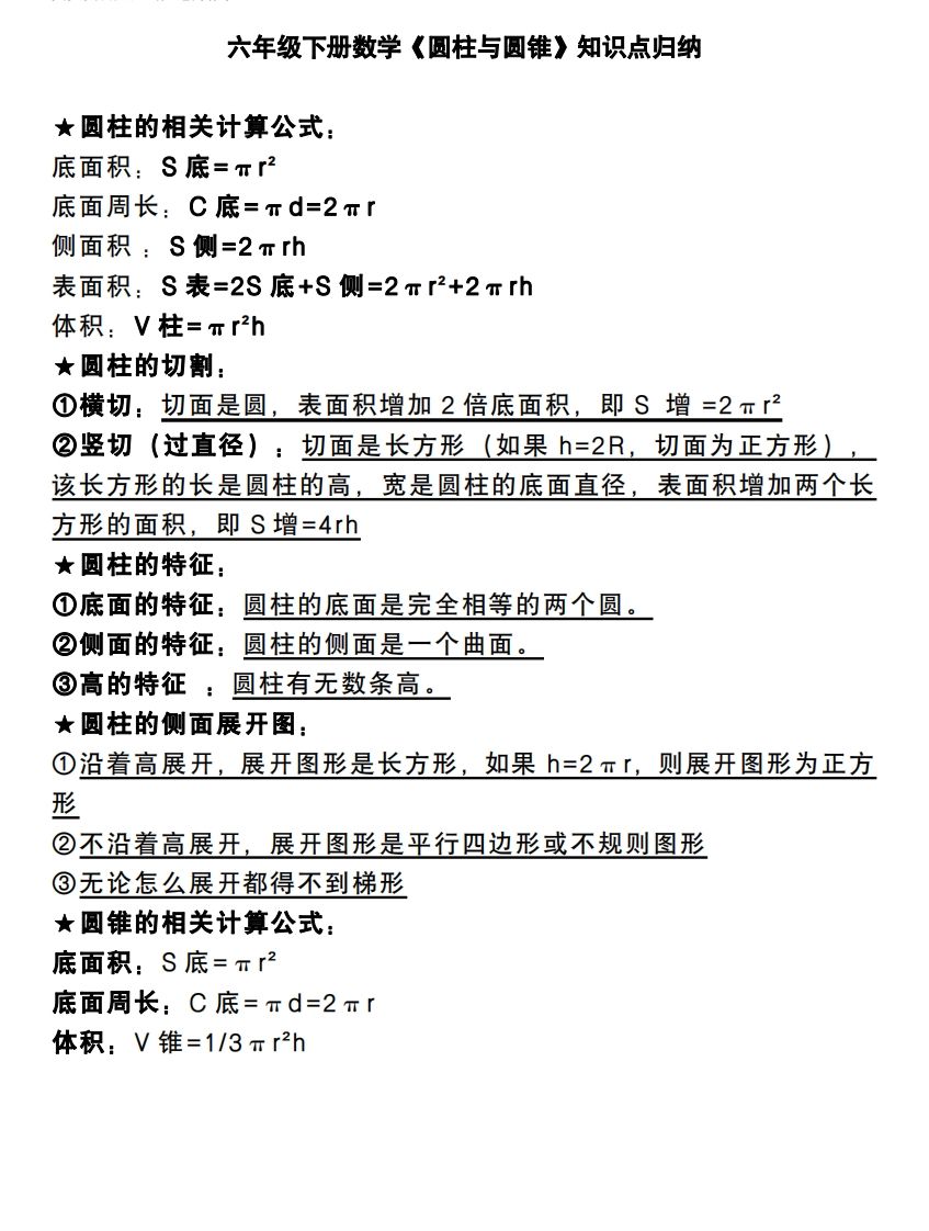 六下数学《圆柱与圆锥》知识点归纳-网创之家
