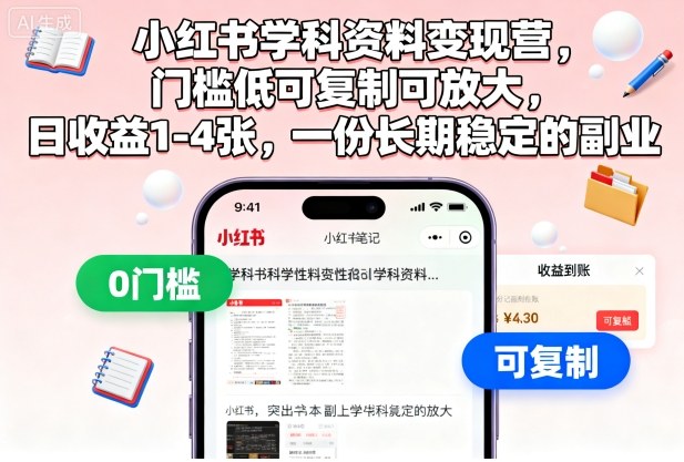 小红书学科资料变现营，门槛低可复制可放大，日收益1-4张，一份长期稳定的副业-网创之家