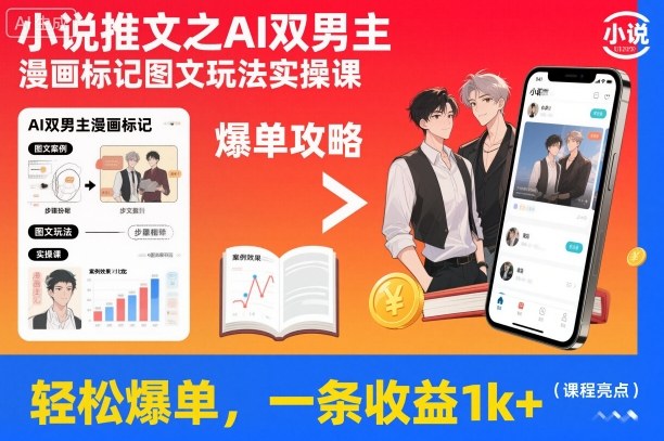 小说推文之AI双男主漫画标记图文玩法实操课，轻松爆单，一条收益1k+-网创之家