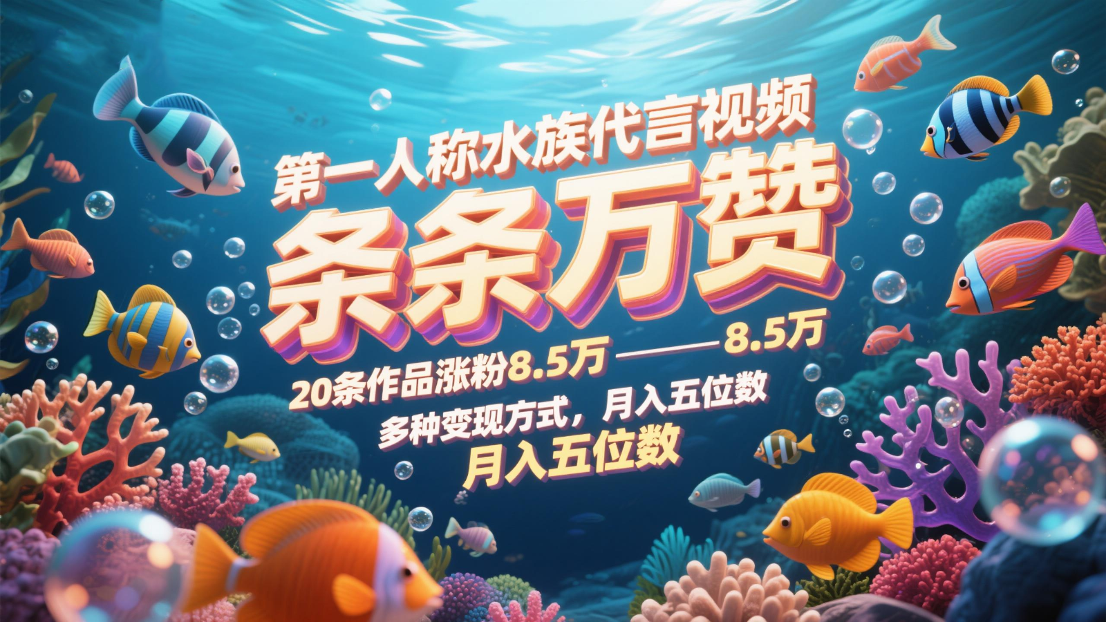 第一人称水族代言视频，条条万赞，20条作品涨粉8.5万，多种变现方式月，入五位数-网创之家