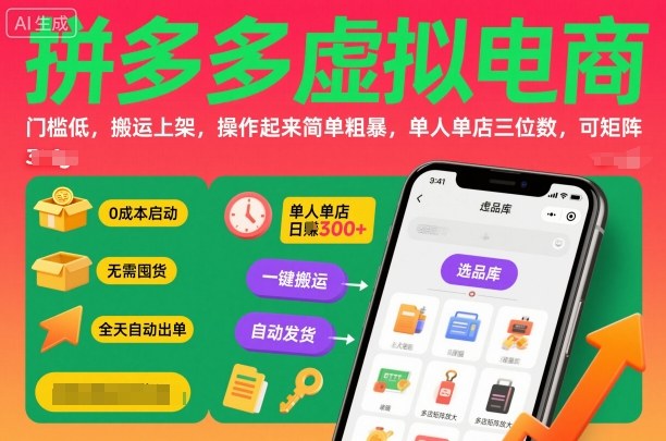 拼多多虚拟电商，门槛低，搬运上架，操作起来简单粗暴，单人单店三位数，可矩阵-网创之家